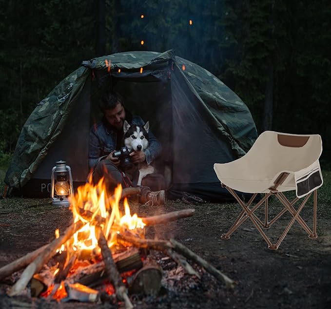 Portable Lightweight Camping Chair Foldable Chair with Carry Bag and Side Pocket Compact Outdoor Chair for Camping Essentials Hiking Fishing Beach Picnic (Khaki)