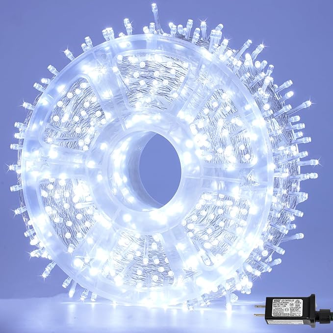 YEGUO 165ft 500 LED White Christmas Lights Outdoor Waterproof Clear Wire String Lights Indoor Twinkle Tree Lights Plug in with Timer Memory