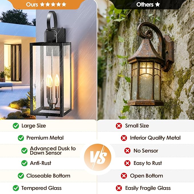 25'' Large Dusk to Dawn Outdoor Wall Light with Closed Bottom 2-Pack Waterproof Porch Lights Outdoor Anti Rust Modern Sconce Lights with E12 Socket for Big House