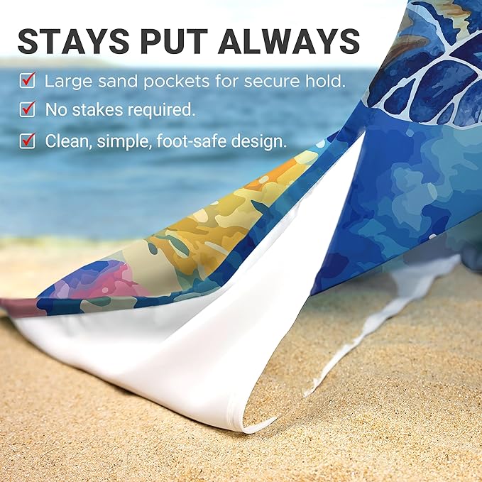 Sunlit Large Beach Blanket Waterproof Sand Proof 81 x106 Sand Free Beach Mat with Anchored Pockets and Storage Bag for Travel Beach Camping Outdoor Festival Deep Sea Turtle in Coral Reef