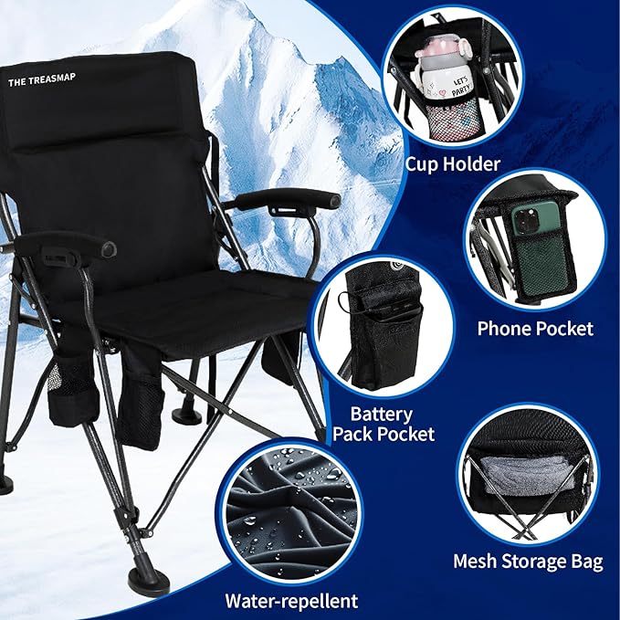 Heated Camping Chairs Adults Folding: Oversized Foldable Outdoor Chair for Outsides with Cup Holder – Heavy Duty Heating Portable Chair Sports Fishing Soccer Lawn Battery NOT Included (Black X Large)