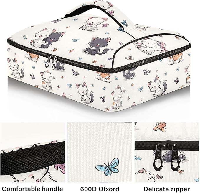 Casserole Carrier Pattern Cartoon Cats PlayingInsulated Casserole Carrier for Hot or Cold Food Thermal Lunch Tote for Potluck Parties Picnic Beach Fits 9 x 13 Inches Baking Dish