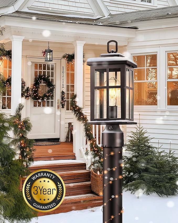 Dusk to Dawn Outdoor Post Lights Bronze Outdoor Lamp Post with Pier Mount Base Waterproof Lamp Posts Outdoor Lighting with Tempered Glass for Garden Porch Patio(Hardwired 120V Not Solar)