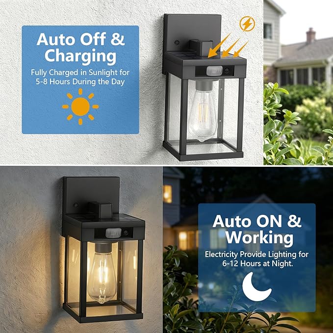 Solar Wall Lights Outdoor Set of 2 Solar Porch Lights with 3 Lighting Modes &amp Motion Sensor Dusk to Dawn Solar Porch Sconces Wall Sconce Lantern Light Fixture Black Wall Lamps for Patio Front