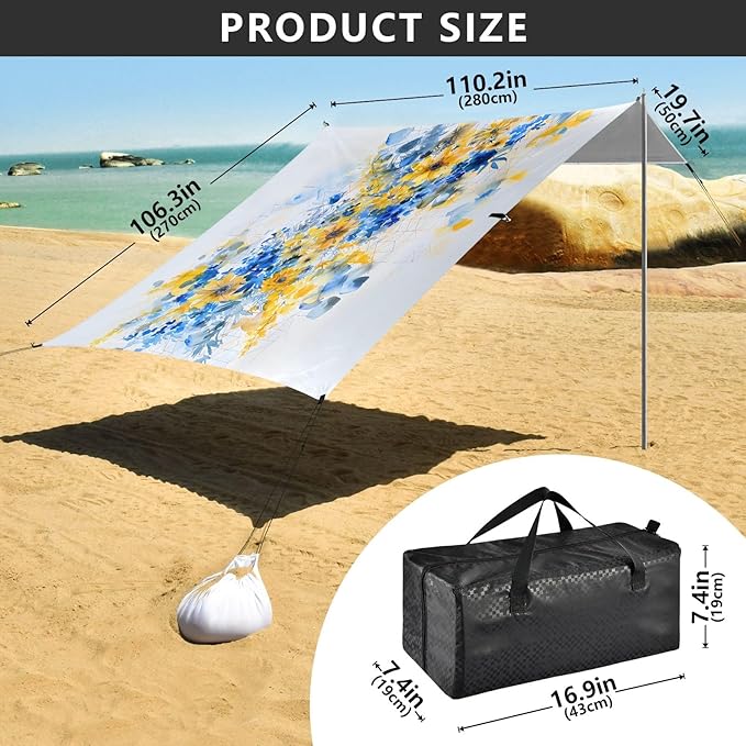 Camping Sun Shelters Yellow and Blue Flower Bouquet Beach Canopy 126 * 110.2in