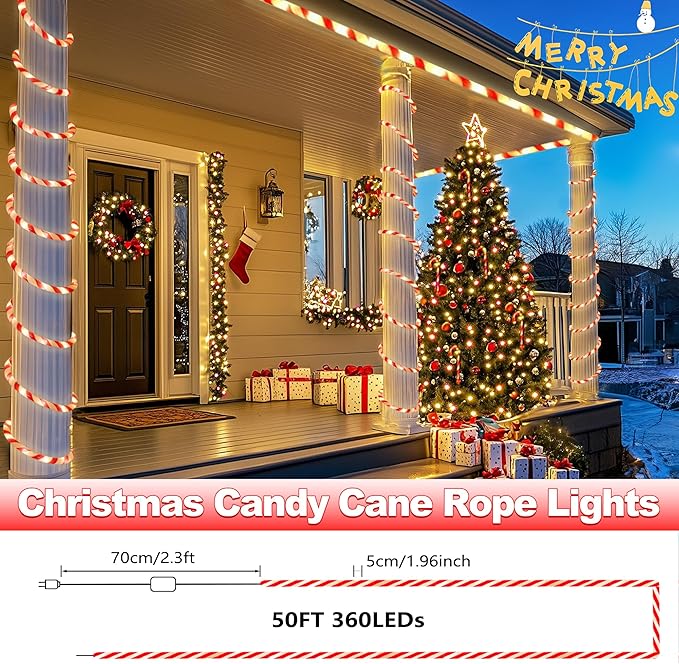 Toodour Christmas Candy Cane Lights 50ft 360 LED Candy Cane Rope Lights Outdoor with 8 Modes Connectable Timer Waterproof White &amp Red Christmas Light for Garden Patio Bedroom Party Xmas Decor