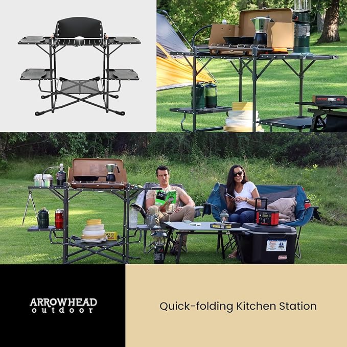 ARROWHEAD OUTDOOR 54 Wide Quick Folding Kitchen Station with Add-on Windscreen 4 Side Tables Aluminum Tabletop Tool-Hanging Cord 154 LBS Max Weight Load for Patio BBQ and Camping