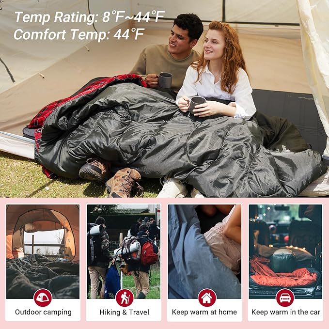 KingCamp Double Sleeping Bag for Adults Queen Size 2 Person XXL Flannel Sleeping Bag Waterproof Lightweight Flannel Quilt with 2 Pillows Perfect for Couples Family Camping Hiking