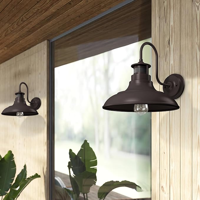 2 Pack Farmhouse Gooseneck Wall Sconce Barn LightsMotion Sensor and Dusk to Dawn Outdoor Wall Mount Lighting Fixtures3 Modes Exterior Porch Light IP65 Waterproof E26 Matte Brown Wall Lamp for Patio