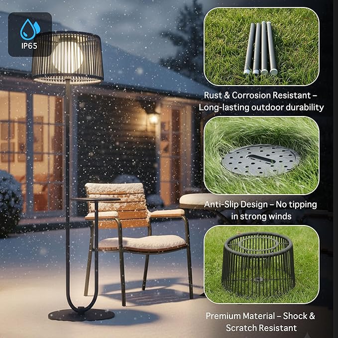 EcoGreen U-Shaped Solar Outdoor tanding Lamp with Table – 21×14×55 Inch Modern Outdoor Light Solar Powered 8H Warm Glow Waterproof for Porch Garden Balcony(Gray Single Pack)