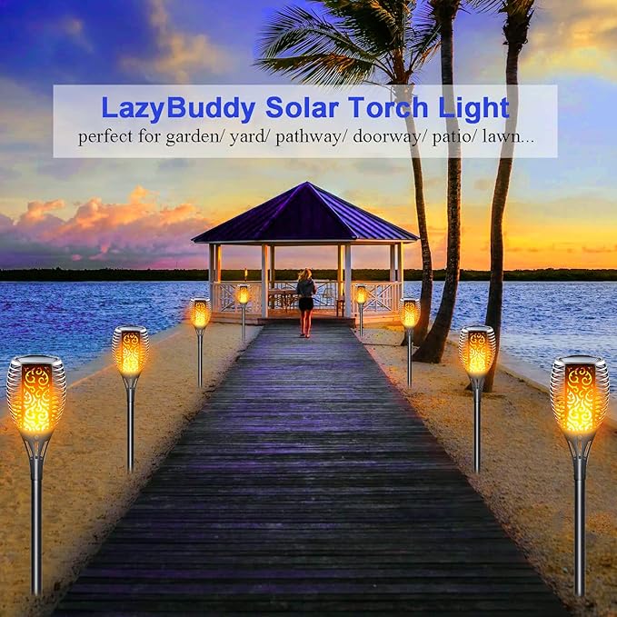Large Size Solar Torch Light with Flickering Flame Fire Effect Garden Lights Outdoor IP65 Waterproof Tiki Torches for Pathway Yard Decor Auto On/Off - Landscape Lighting (8 Pack)