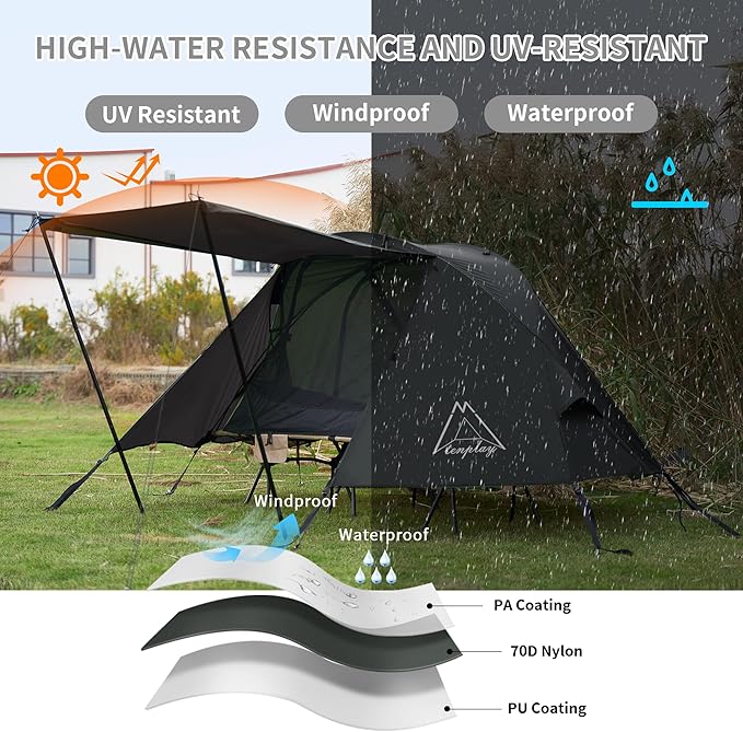 TENPLAY Cot TentCamping TentBackpacking Tent3 Way TentSolo Tent1 PersonQuick Setup70D Nylonpu5000mmUV Cut7001 AluminiumUltralightCompactOuterdoorHikingTravelMountaineering