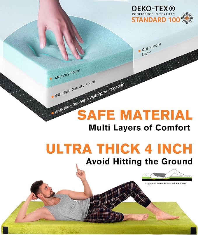 Extra Thick GAIALOOP 4 INCH Memory Foam Camping Mattress Roll Up Floor Sleeping Mat Camp Cot Mattress Pad Travel Camping Couch Bed for Guest Adults Side Sleepers