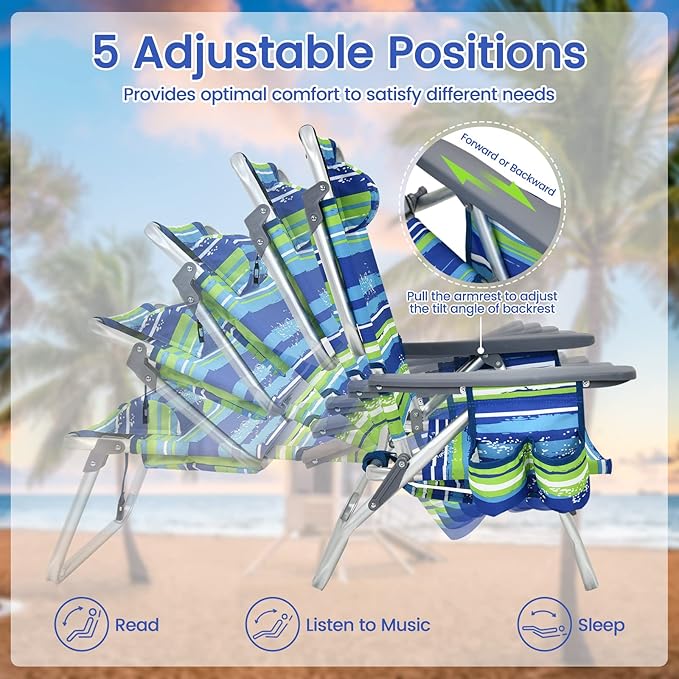 Tangkula Set of 2 Backpack Beach Chair 5-Position Lay Flat Beach Chairs with Cooler Bag 2 Cup Holders Towel Bar Lightweight Folding Beach Chair with Backpack Straps