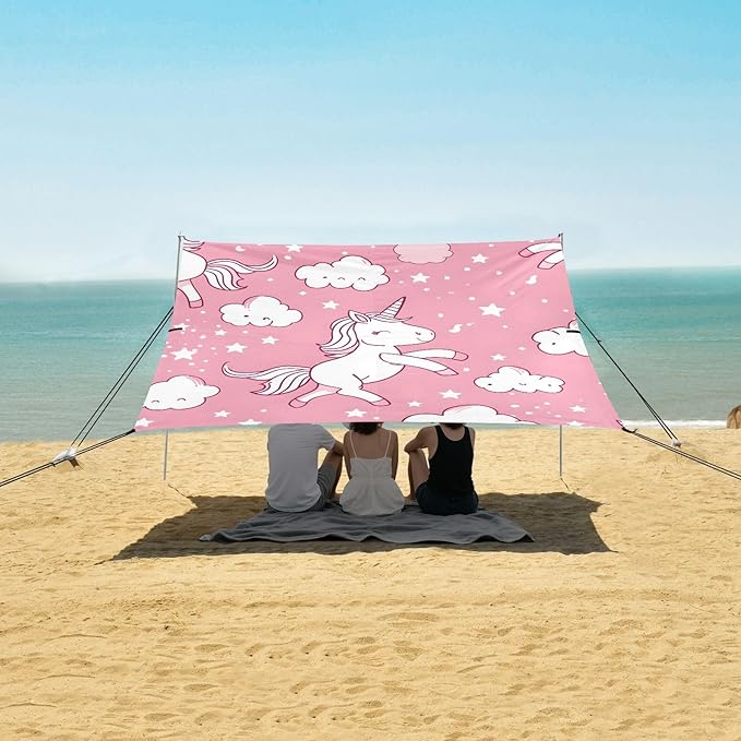 Cartoon Cute Pink Lively Unicorn Camping Sun Shelter Beach Tent Portable Beach Sun Shade Outdoor Canopy for Camping Trips Fishing Picnic