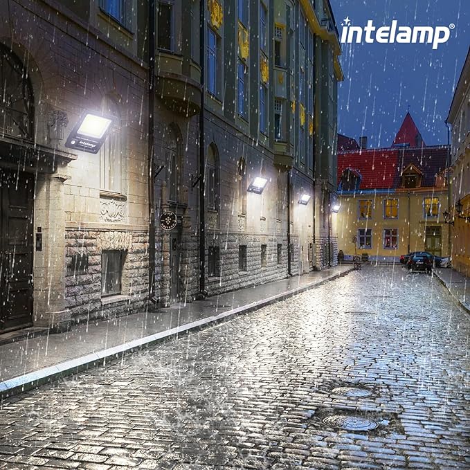intelamp Solar Flood Lights Outdoor Waterproof Linkable 12000mAh 3000LM Motion Sensor Floodlight with Remote Control Sensor Case 16.4Ft Cable Dusk to Dawn Lighting Lamp for Street Outside House
