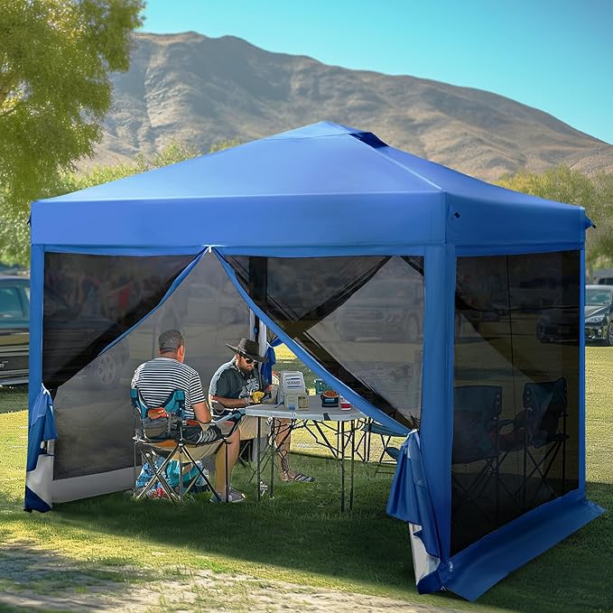 MFSTUDIO 10'x10' Pop Up Canopy Tent with Netting Portable Instant Folding Canopy Outdoor Canopy Screen Event Tent with 4 Zippered Mesh Netting for Garden Blue