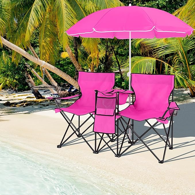 Beach Chair with Umbrella Portable Camping Chair with Cooler Bag Cup Holders Side Pocket Carrying Bag Double Folding Chair for Picnic Patio Canopy Outside (Pink)