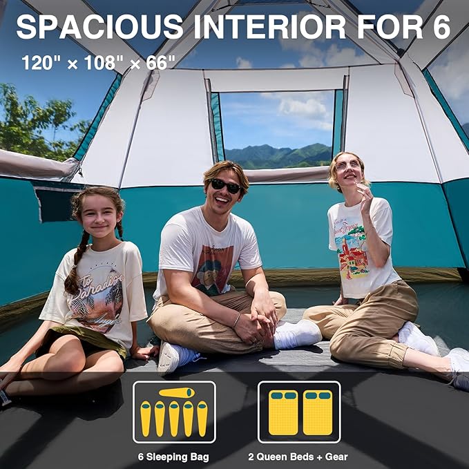 6 Person Instant Camping Tent with Rainfly 60s Easy Setup Family Cabin Tent 10x9ft 1200mm Waterproof &amp Skylight Ventilation Portable Shelter for Outdoor Camping Hiking Backyard