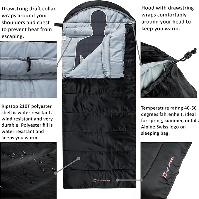 Alpine Swiss 0°C (32°F) Sleeping Bag Lightweight Waterproof with Compression Sack Adults All Seasons Camping Hiking Backpacking Travel Outdoor Indoor