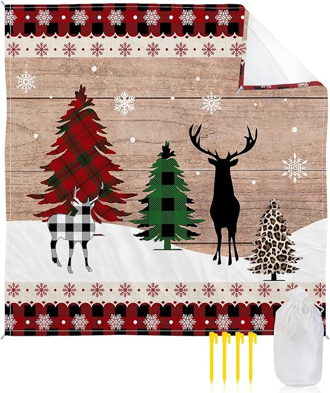 Beach Blanket Waterproof Sandproof Christmas Tree Elk Shadow Winter Snow Quick Drying Beach Mat with 4 Stakes Leopard Trees Farm Vintage Wood Lightweight Picnic Blanket for Travel Camping 108x84