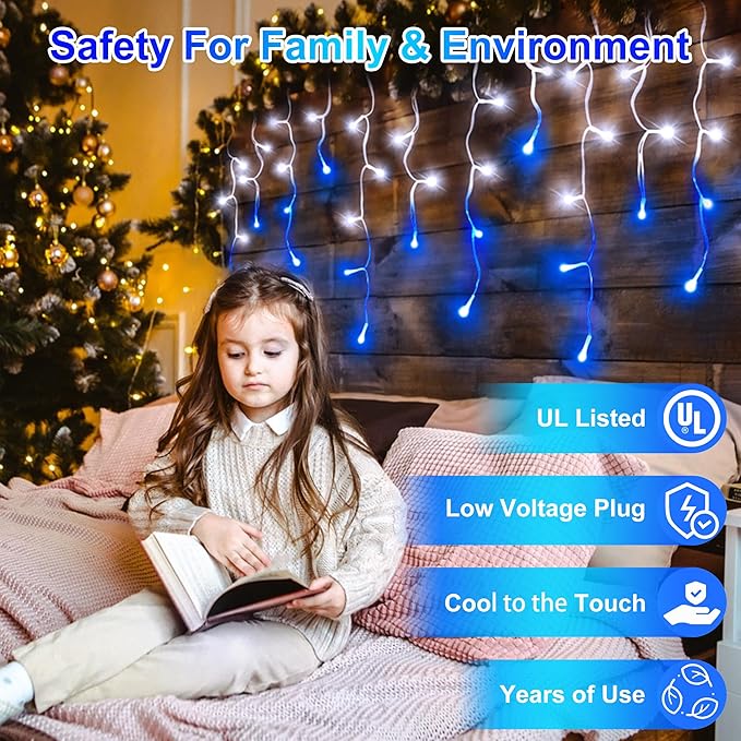 504LED 50ft Christmas Lights 112Drops 12 Modes Christmas String Lights Outdoor Dimmable Waterproof Christmas Decorations Fairy Lights with Timer Memory for Party Patio Window Fence Blue &amp CoolWh