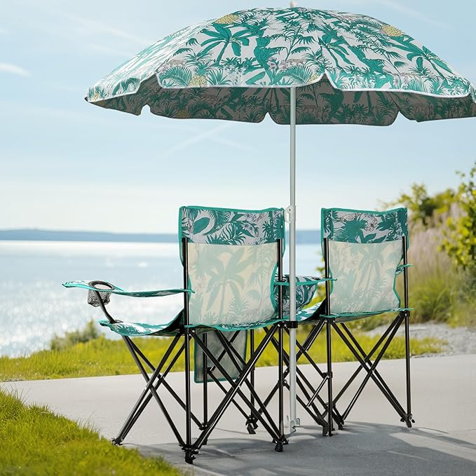 Outvita Folding Double Camping Chair w/Umbrella Beverage Holder Carrying Bag Cooler Fold Up Table Large Bearing Capacity for Beach Patio Pool Park Outdoor Coconut Tree Pattern