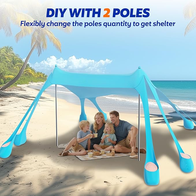 FAHKNS Beach Tent Camping Sun Shade UPF50+ with 8 Sandbags Sand Shovel Ground Spikes and Stabilizer Poles 10x10ft Beach Sunshade Beach Tent for Camping Backyard Entertainment (Light Green)