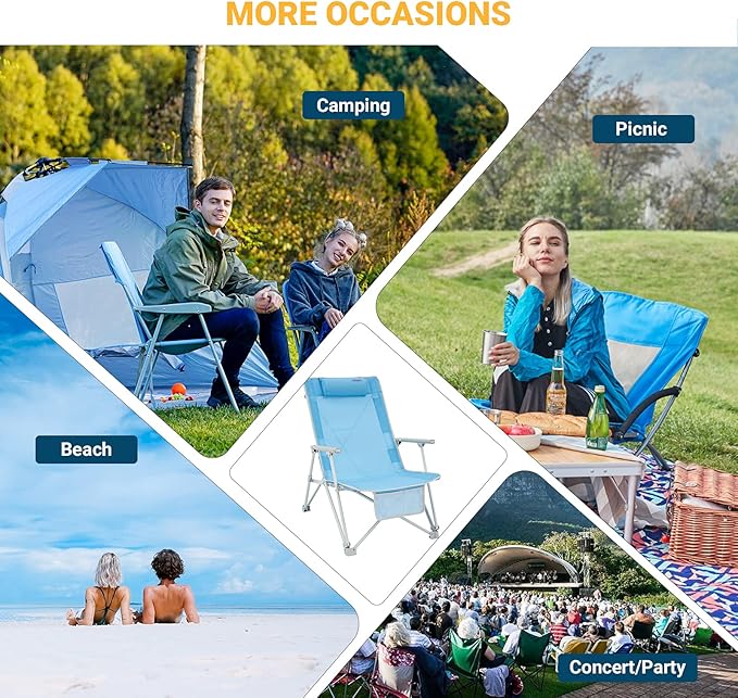 #WEJOY High Back Beach Chairs Portable Low Folding Beach Chair for Adults with ArmrestHeadrest for Outdoor Lawn Festival Sand Concert Travel BBQ300 LBS