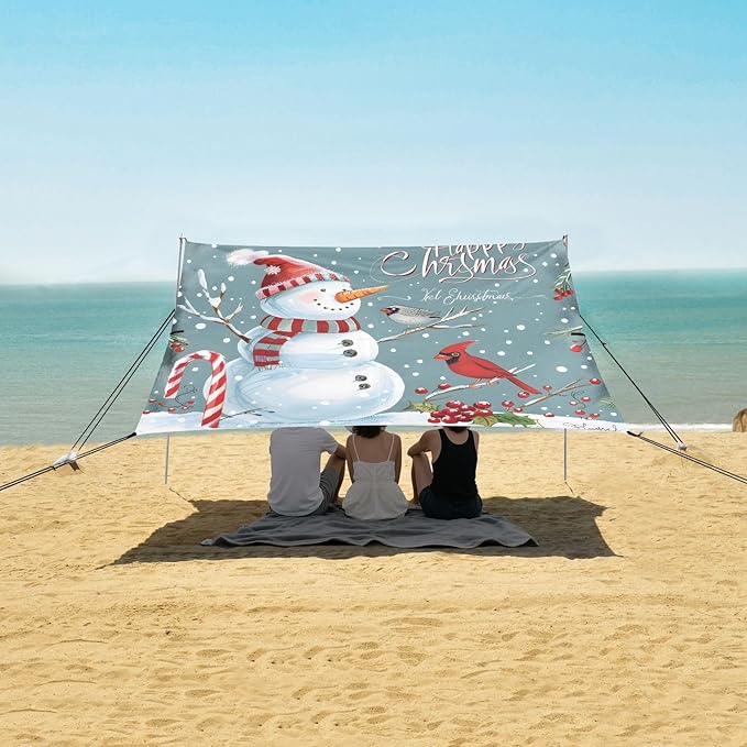 ALAZA Christmas Snowman Cardinal Bird Beach Tent Sun Shelter UPF50+ Protection Beach Shade Canopy w/ 4 Sandbags for Outdoor Camping Fishing Backyard Fun Picnic 10x9 ft