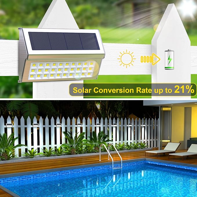ROSHWEY Solar Lights Outdoor 10 Pack 30 LED Fence Lights Waterproof Solar Powered Deck Post Lamps Stainless Steel Outside Step Lighting for Backyard Yard Walkway Stairs Cool White Light