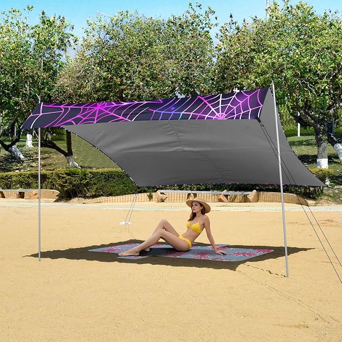 ALAZA Halloween Spider Colorful Beach Tent Sun Shelter UPF50+ Protection Beach Shade Canopy w/ 4 Sandbags for Outdoor Camping Fishing Backyard Fun Picnic 10x9 ft