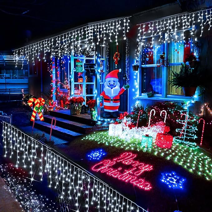Heceltt White Christmas Lights Outdoor 49FT 480 LED Ice Lights for Outside with 90 Drops Clear Wire 8 Modes Timer Plug in Waterproof for Holiday Eaves Yard Roof Party Christmas Decoration