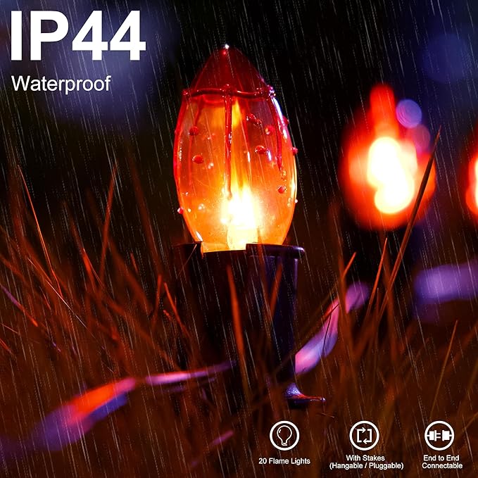 24.2ft Halloween Flame String Lights 20 Lights Halloween Decoration Waterproof Flickering Flame Lights C9 String Pathway Lights with Stakes for Indoor or Outdoor Decor Party