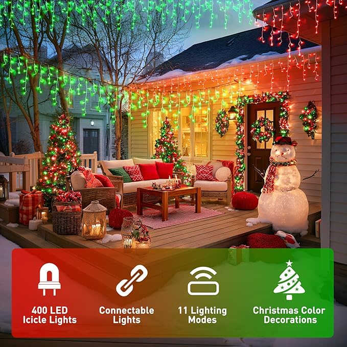 JMEXSUSS 400 LED Red and Green Christmas Lights Red &amp Green Icicle Lights Clear Wire Connectable String Lights Plug in for Christmas Party Outdoor Eaves Home Xmas Decorations
