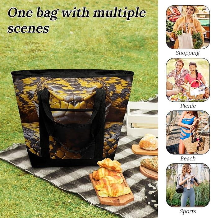 Insulated Shopping BagLarge Reusable Cooler Bags Yellow Snake Printed Foldable Shopping BagTravel Waterproof Shoulder Bag