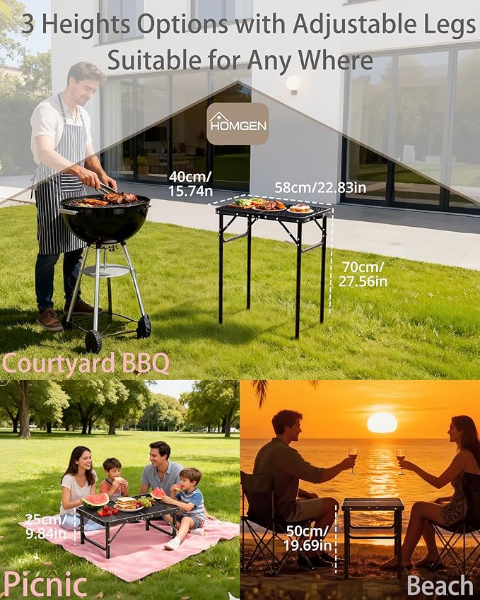 HOMGEN Folding Grill Table Portable-3 Adjustable Height 30/20/9.9 Inch Camping Table-Durable Load-bearing 66lbs-Campact Designed Aluminum Iron Small Folding Table-23*16 Inch Size-For Travel/Picnic/BBQ