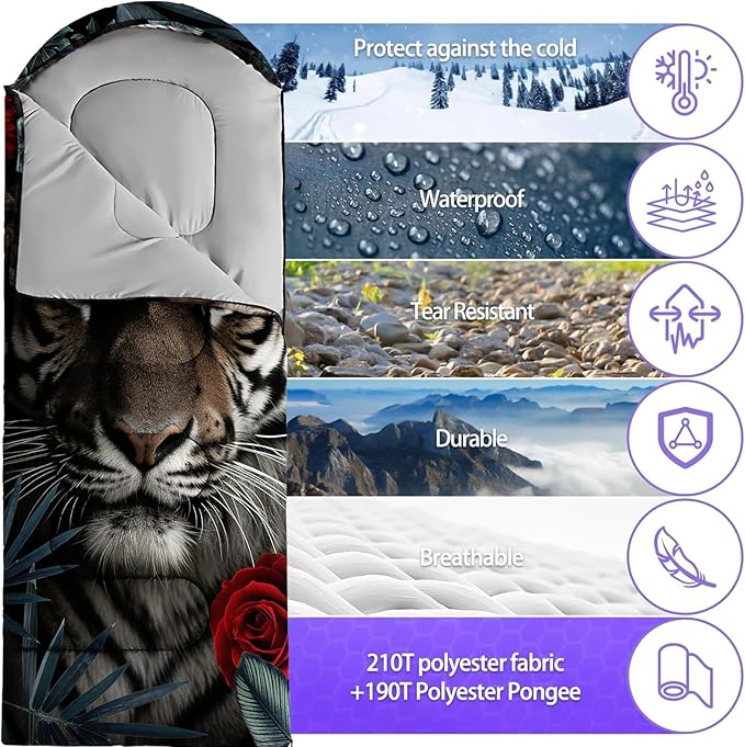 Sleeping Bags for Adults Youth Kids3D Printing Camping Sleeping Bag for Girls Boys Lightweight Waterproof Cold/Warm Weather Sleeping Bag for 3 Seasons