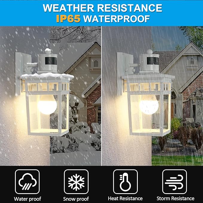 Motion Sensor Outdoor Wall Light with 4 Modes Dusk to Dawn Outdoor Lighting Motion Activated Porch Light Waterproof Wall Sconce Exterior Light Fixture for Entryway Garage Bulb Included White