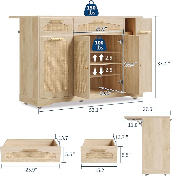 Rolling Kitchen Island Cart with Drop Leaf Tilt-Out Trash Cabinet Storage Drawers Spice Rack Farmhouse Wooden Table Compact Design for Small Spaces 53.1 on Wheels - Wood Color