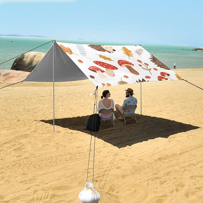 Cute Hedgehogs and Forest Mushrooms Camping Sun Shelter Beach Tent Portable Beach Sun Shade Outdoor Canopy for Camping Trips Fishing Picnic