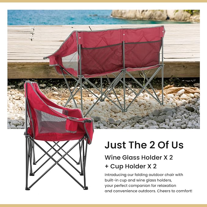 ARROWHEAD OUTDOOR Portable Folding Double Duo Camping Chair Loveseat w/ 2 Cup &amp Wine Glass Holder Carrying Bag Supports up to 500lbs