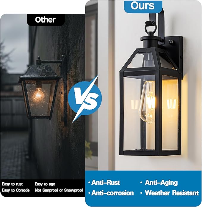 16 Dusk to Dawn Outdoor Wall Light with Sensor - Waterproof Exterior Wall Sconce for Porch Patio Garage Front Door Balcony Entry Modern Hardwired Lantern in Black Metal &amp Glass E26 - 2 Pack
