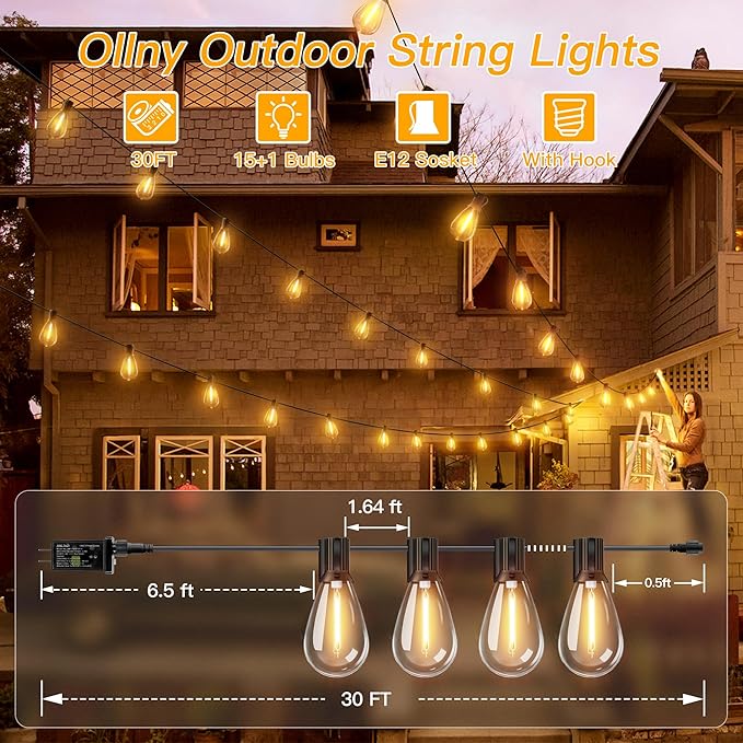 Ollny S11 Outdoor String Lights with Remote 30 FT 3 Modes Dimmable Timers Waterproof Connectable Patio Lights 15+1 LED Spare Bulb Dusk to Dawn Hanging Light for Indoor Porch Balcony Cafe