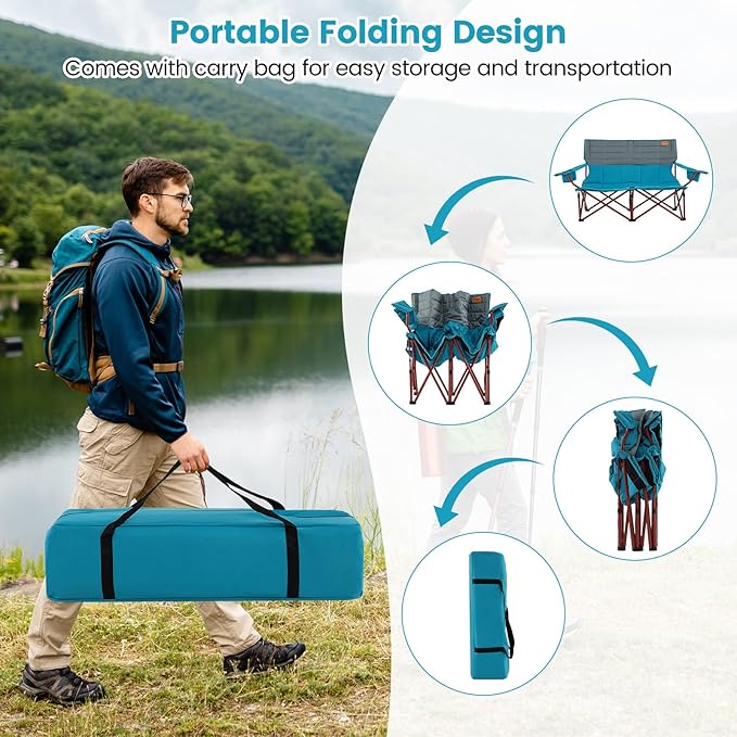 Goplus Double Camping Chair for Adults Low Outdoor Folding Loveseat Couch Chair w/Cup Holders Thick Padding Heavy-Duty 2 Person Lawn Chair for Beach Picnic Travel Supports 660 LBS(2-Person Seat)