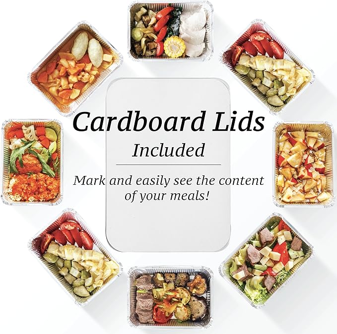 Spare Essentials 110 Pack - 2.25LB Aluminum Pans with Cardboard Lids - To go Foil Containers with Lids - Disposable Food Containers - Foil Take Out - Meal Prep Trays Foil Tins Freezer Meals Comercial