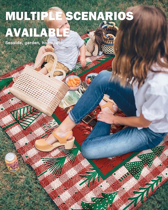 Beach Blanket Waterproof Sandproof OversizedSanta Claus Christmas Tree Seamless Beach Mat with Corner Stakes Sand PocketsRetro Red Buffalo Plaid Outdoor Picnic Mat for Travel Camping 95x80In
