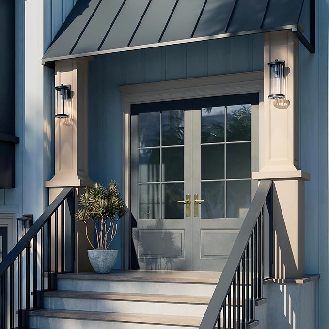 Kichler Barras 16 1-Light Outdoor DarkSky Approved Wall Sconce with Clear Ribbed Glass in Black Vertical Mount (16 x 7.25) 59023BKDS