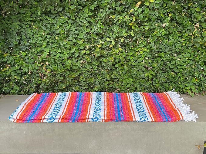 Del Mex Classic Mexican Blanket Large Authentic Woven Falsa Throw (70x50) Artisan Southwest Décor for Beach Yoga Outdoors (Orange/Pink/Blue)