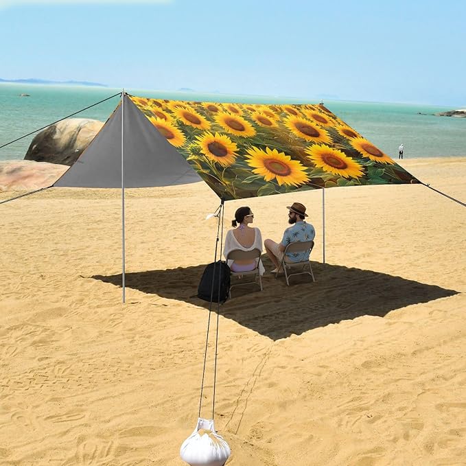 Bolaz Beach Canopy Tent Sun Shade9'×10.5' Large Family Beach Shade UPF50+- Outdoor Shade for Camping Trips FishingSunflower Field